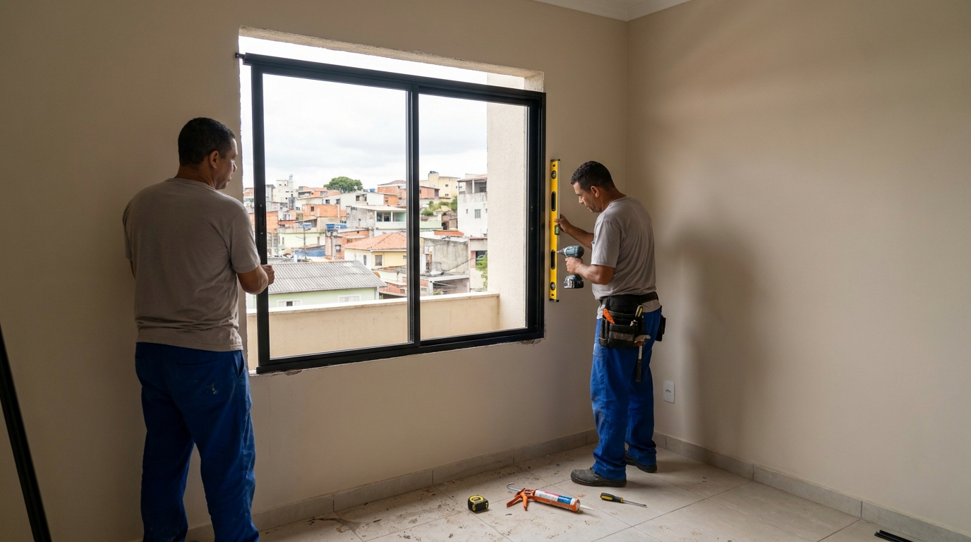 Esquadria de alumínio em quarto bege em Joinville-SC