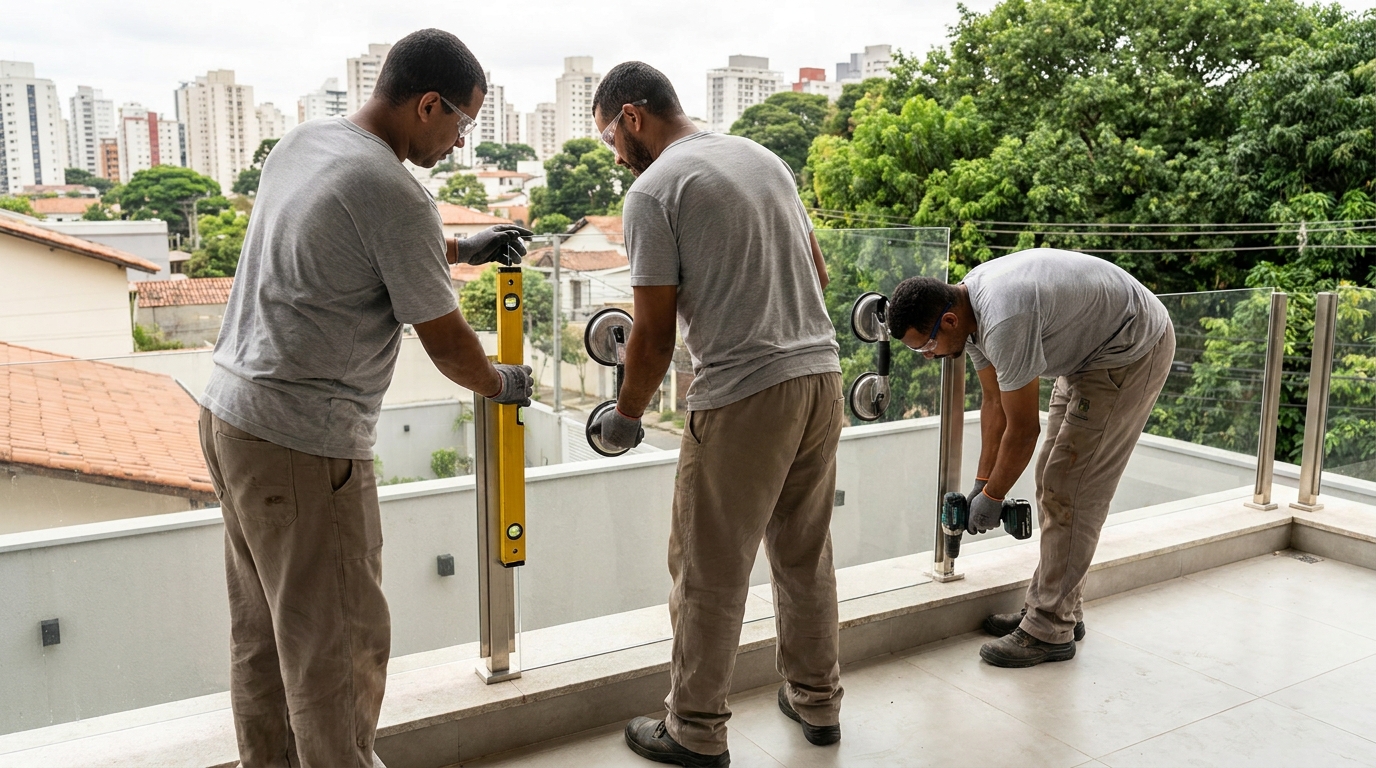 Guarda-corpo em terraço alto com vista cidade em Joinville-SC