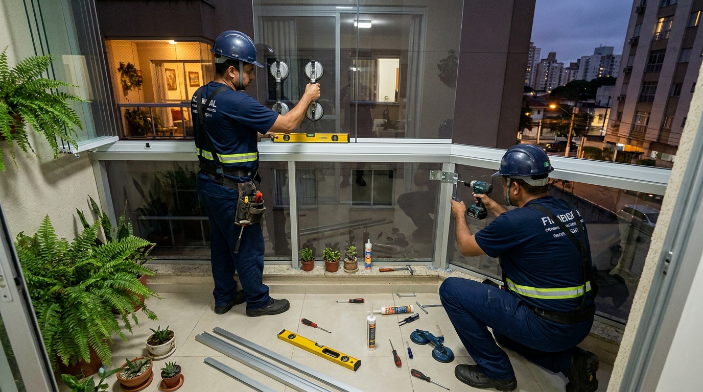 Instalação noturna de parede de vidro em Joinville-SC