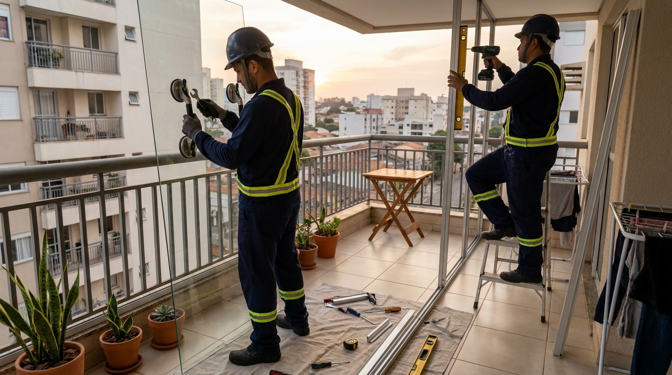 Instalação de parede de vidro em sacada em Joinville-SC